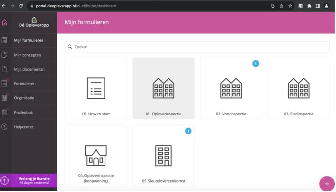 Het Dashboard van Dé Opleverapp met een aantal standaard formulieren.