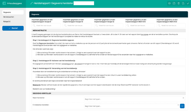 Herstelrapportage formulier geopend