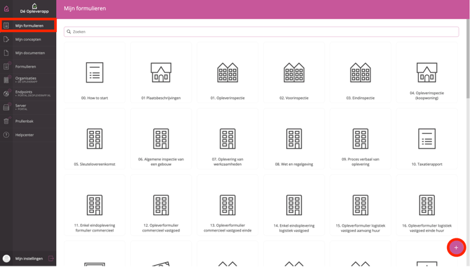 Het dashboard, de lijst met 'Mijn formulieren' geeft een matrix weer van alle beschikbare formulieren die je kan invullen. 