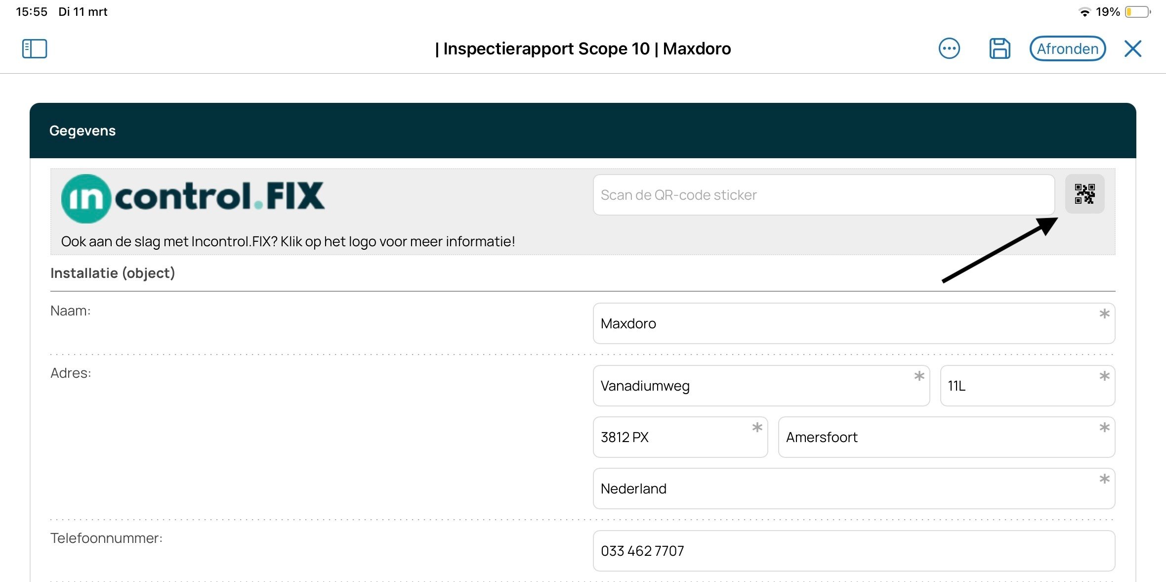 QR-code koppelen in concept inspectie door de Incontrol.FIX sticker te scannen.