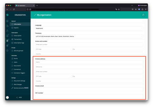 At 'General' you can modify the Organization's Data.