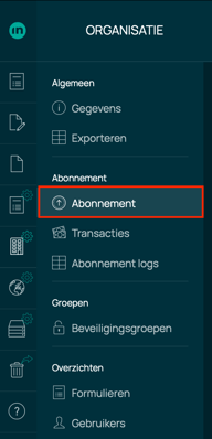 Organisatie menu, keuze Abonnement geselecteert