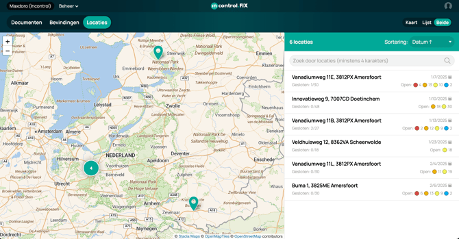 Overzicht van alle locaties in Incontrol.FIX