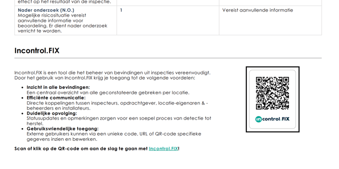 In het inspectierapport staat een Incontrol.FIX QR-code die toegang geeft tot het document en de bevindingen in FIX. 