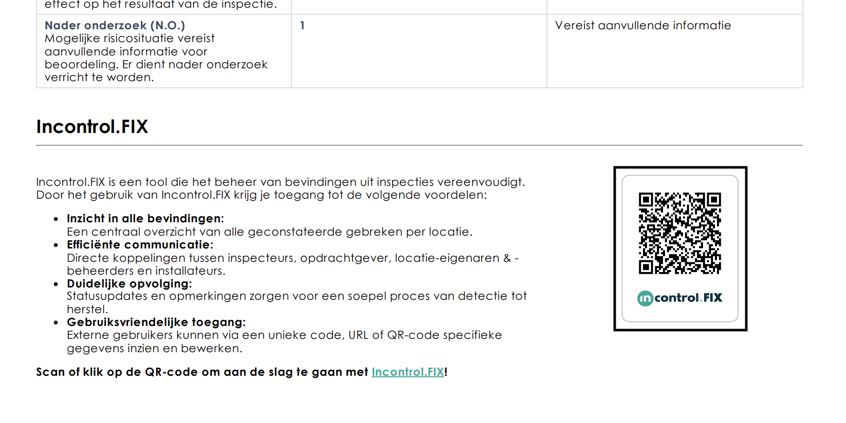 In het inspectierapport staat een Incontrol.FIX QR-code die toegang geeft tot het document en de bevindingen in FIX. 