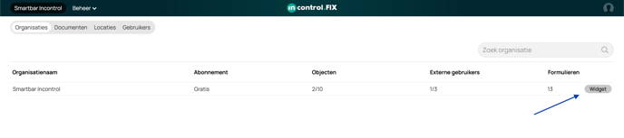 Incontrol.FIX beheer waar je als admin de Widget insluitcode kan kopiëren.