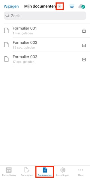 Voorbeeld van het menu Mijn documenten iOS app - Mijn documenten