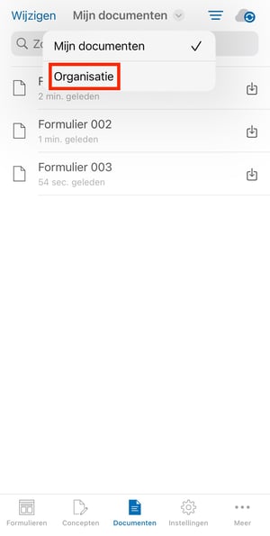 Voorbeeld van het menu Mijn documenten iOS app - Organisatie