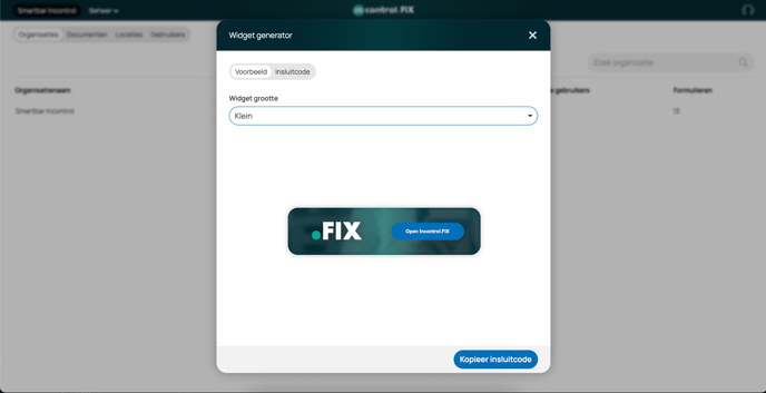 Incontrol.FIX beheercentrum overlay met een voorbeeld van het kleine formaat widget.